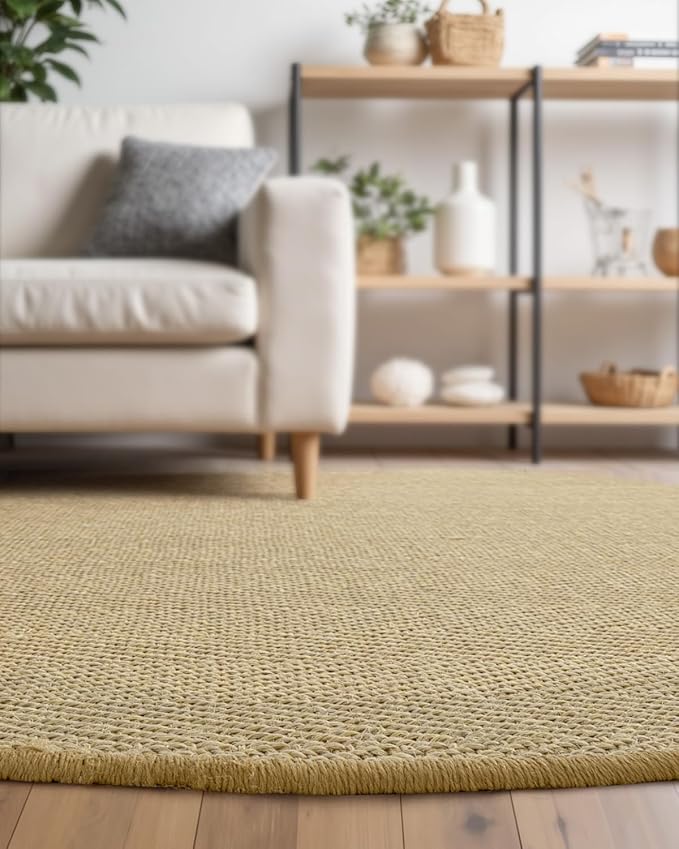 DEXI Round Sisal Rug Natural Fiber 5x5, Braided Woven Area Rugs No Shed, Soft Neutral Rustic Carpet Mat for Indoor Outdoor Patio Dining Living Room Bedroom Farmhouse, 5ft, Natural