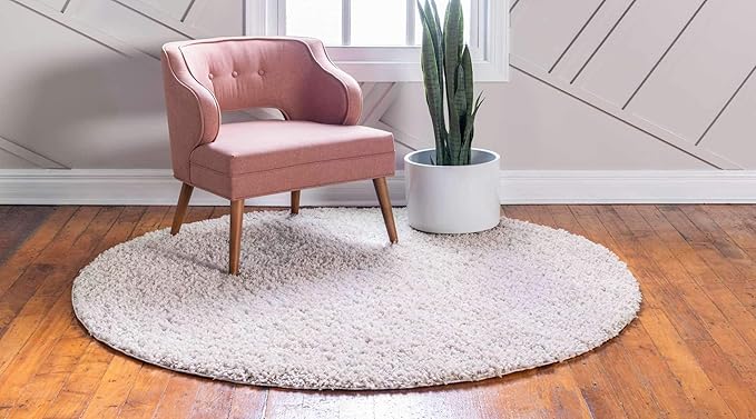 Unique Loom Davos Shag Collection Area Rug - Solid (4' 1" Round, Linen)