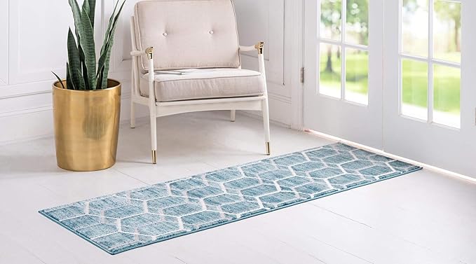 Rugs.com Lattice Trellis Collection Rug – 6 Ft Runner Blue Low-Pile Rug Perfect for Hallways, Entryways