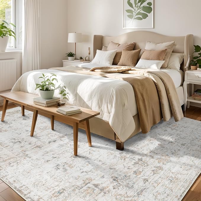 Washable 8×10 Area Rug for Living Room, Vintage Floral Rug Soft Non Slip Stain Resistant Boho Carpet for Bedroom Dinning Room Home Office Beige