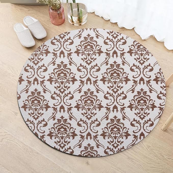 Oriental Tribal Floral Round Rug Vintage Brown Pattern Area Rug Washable Soft Non-Slip Floor Carpet Low Pile Accent Rugs for Entryway Living Room Dining Room Bedroom Home Office 8ft