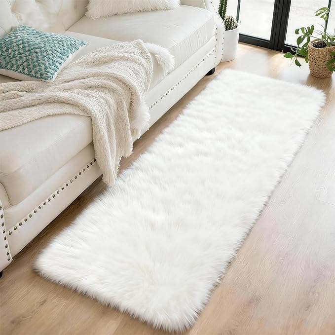 2x6 Solid Fluffy White Area Rug – Washable, Durable, Small Bedroom Runner Rug, Non-Slip Shag Rugs for Hallway, Living Room, Bedroom, Bedside, Dorms, Kids Room, Nursery Rooms, Soft Indoor Carpet
