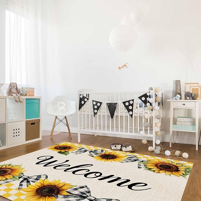 Summer Sunflowers Rectangular Welcome Area Rugs for Living Room Bedroom 4 x 6 ft Bow Tie Plaids Non-Shedding Soft Low Pile Rug Rustic Linen Non Slip Washable Rug for Nursery Entryway Playroom