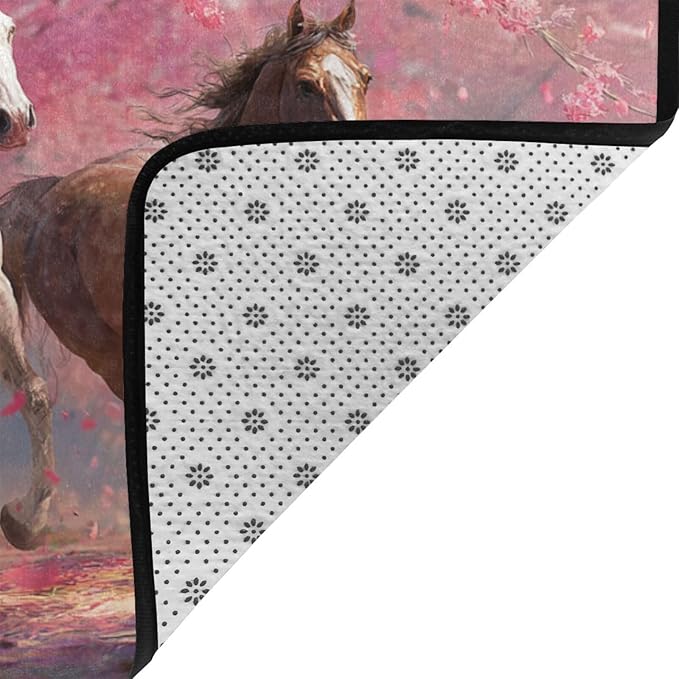 Galloping Horse Cherry Blossom Area Rug Washable Outdoor Rugs Anti-Slip Soft Carpet Entryway Indoor Door Mat for Bedroom,Living Room,Porch,Terrace and Entrance Decor 9'x 6'