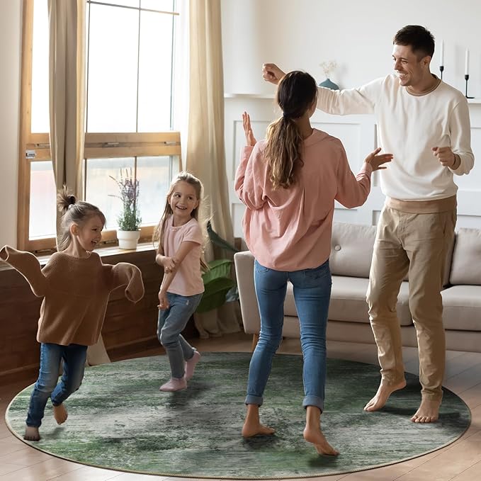 Round 5ft Abstract Rug, Modern Washable Indoor Circle Area Rugs for Living Room, Soft Circular Non-Slip Carpet Floor Mat for Entryway Dining Room Home Office - Abstract Sage Green