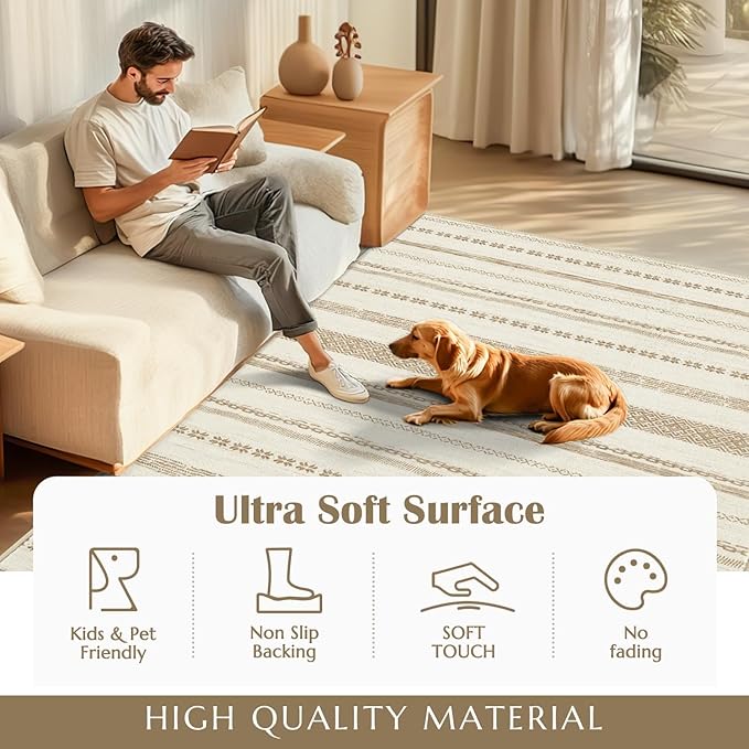 jinchan Boho 4x6 Area Rugs - Machine Washable Moroccan Soft Throw Rug Bohemian Ripple Design Non-Slip Neutral Carpet for Bedroom Entryway Living Room Kitchen Dining Room Home Office (4‘x6', Beige)