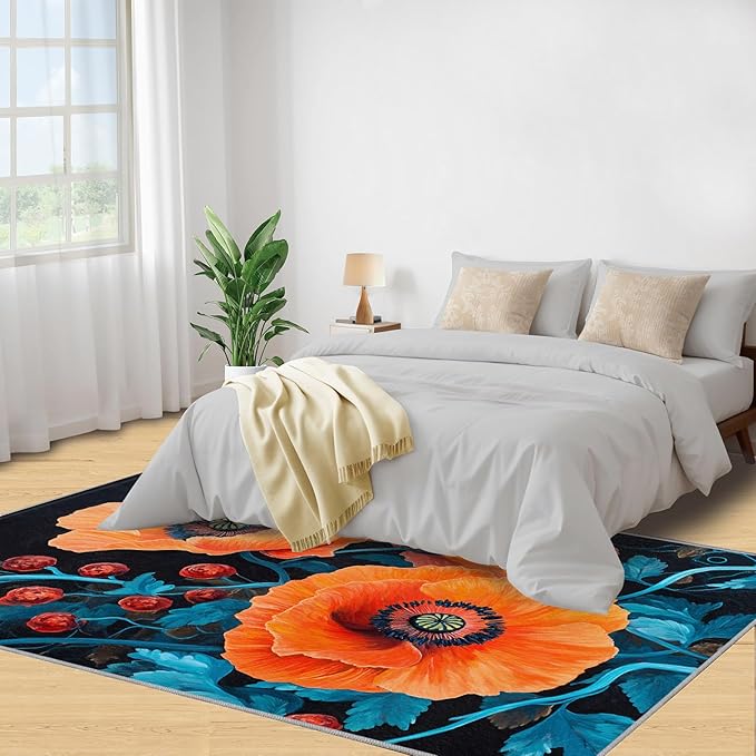 6x8 Poppy Classroom Rugs - Retro Flowers Art Playroom Rug, Rustic Florals Art Carpet Area Rug for Girls Bedroom Kids Room Basement Office Classroom