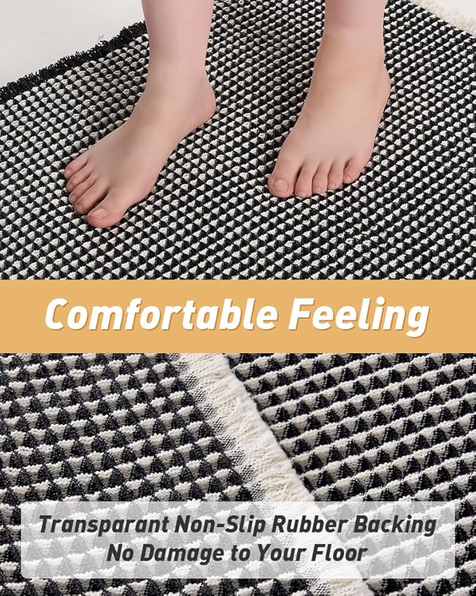 AMOAMI Upgraded Waffle Bath Mat, Super Absorbent Non Slip Bath Mats for Bathroom Floor, Machine Washable Bathroom Rugs with Tassels, Rubber Backed Bathroom Mats, Ultra Soft, 20" x 32",Black & Cream