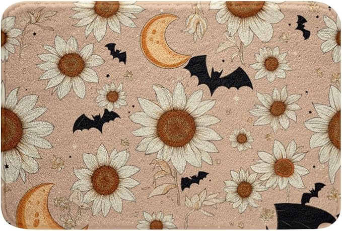 Groovy Daisy Bathroom Rugs for Girls Women Retro Flower Floral Bath Mat Moon and Stars Non Slip Bath Rugs Psychedelic Outer Space Planets Fluffy Plush Rugs 20x32 Halloween Bats Shower Carpet