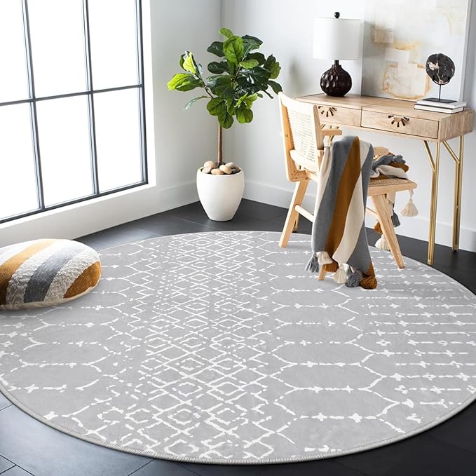 Lahome Moroccan Round Rugs 6Ft Washable Circle Area Rug for Living Room Grey Non-Slip Stain Resistant Dining Room Rug Large Circle Rug, Modern Geometric Print Indoor Round for Bedroom Entryway