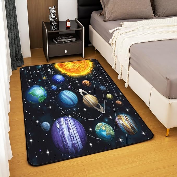 Planet Large Area Rug 5x7 Solar System Outer Space Living Room Rug | Universe Galaxy Rugs for Bedroom, Cosmic Earth Star Carpet Indoor Floor Mat