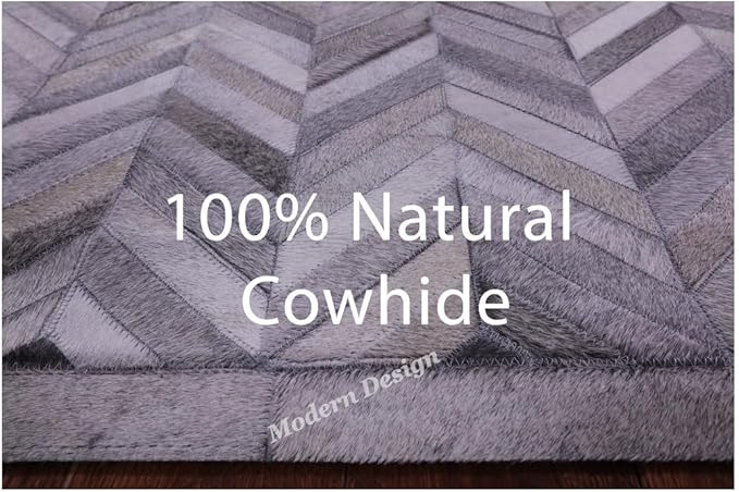 Modern Design Premium Cowhide Leather Carpet with Chevron Pattern, Area Rug (Natural Multi Grey, 4x6)