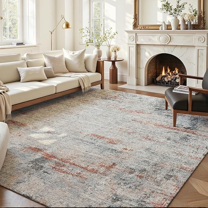 Area Rug 9x12 Washable Rug Grey and Brown for Living Room, Dining Room, Bedroom, Large Carpets, Non Slip & Non-Shedding Low Pile Vintage Print Rug for Home Office Decor