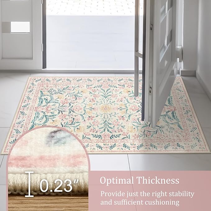 Morebes Floral Washable Light Pink Rug, Boho Machine Washable Area Rugs 8x10 for Nursery Girls Bedroom Non Slip, Soft Vintage Distressed Carpet for Living Room Dorm Home Office Decor