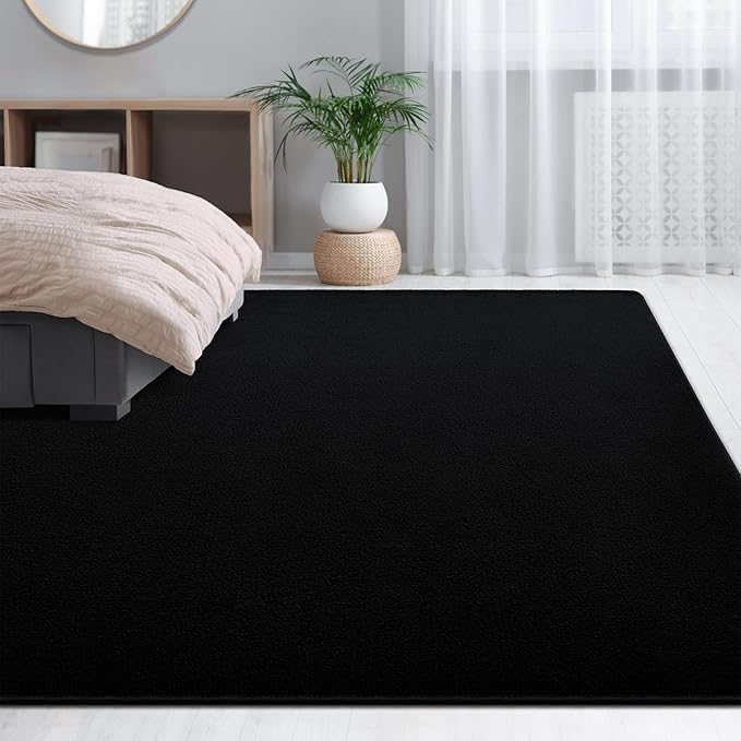 Large Area Rugs for Living Room Bedroom, 7x10 Feet Black Rug, Minimalist Modern Shag Rug, Soft Thick Comfy Memory Foam Indoor Carpet, Non-Slip Washable Rug for Boys Girls Dorm Nursery Room Home Decor