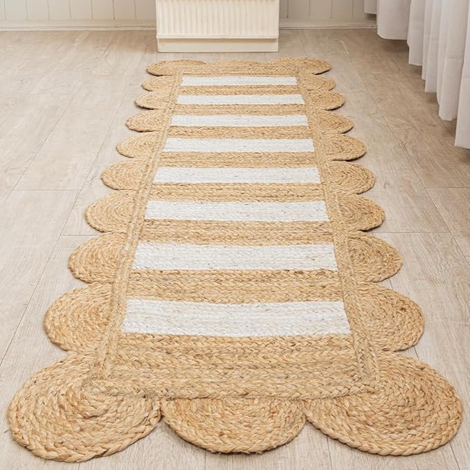 HOMEMONDE Scalloped 2'x6' Jute Runner Rug - Natural Braided Fiber - Handmade Boho Farmhouse Style Décor - Rustic Vintage Sustainable Area Rug for Entryway, Hallway, Kitchen, Bedroom, Living Room