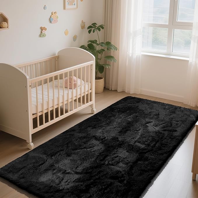 Soft Runner Rugs for Bedroom, Black 3x7 Area Rugs Fluffy Rug Shaggy Area Rug Carpet, Bedside Rug for Living Room Bedroom Kids Room Home Decor