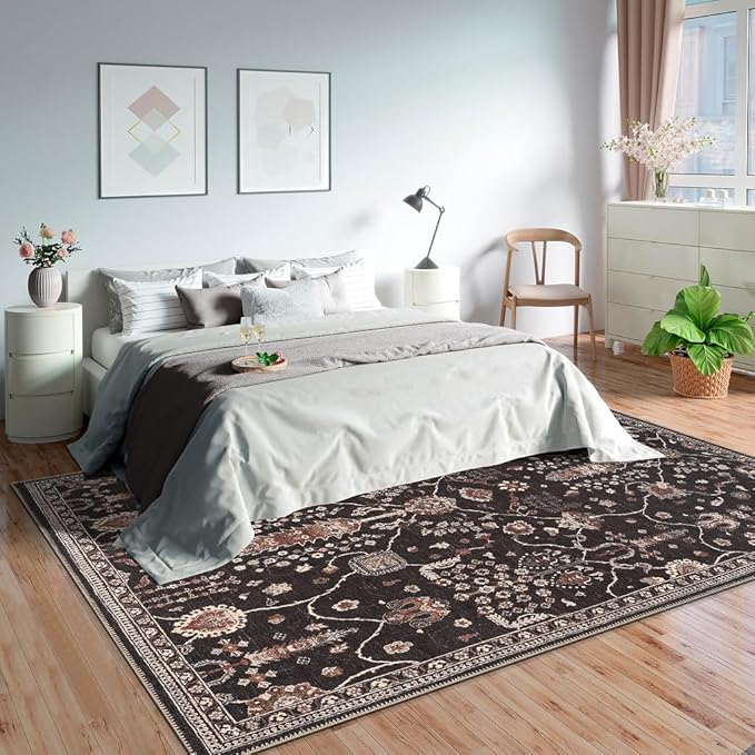 GLN Rugs Traditional Collection - Machine Washable Area Rug, Traditional Washable, Non Slip, Low Pile Chenille Rug, Living Room, Bedroom, Kitchen Rug (5' x 7' Black)