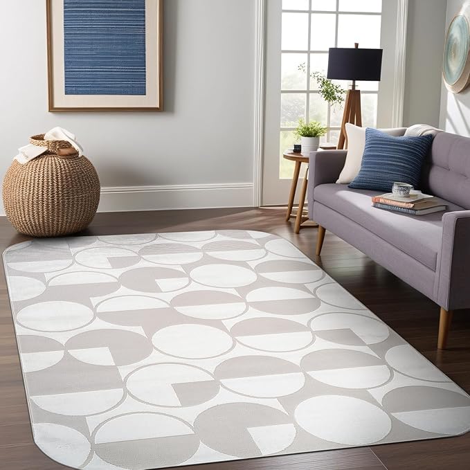 Beverly Rug Modern Geometric Area Rug 6x9 Low-High Pile Durable Soft Abstract Circular Indoor Rugs for Living Dining Room Office Stain Resistant Non Shedding Casual Indoor Carpet Beige White 6 x 9
