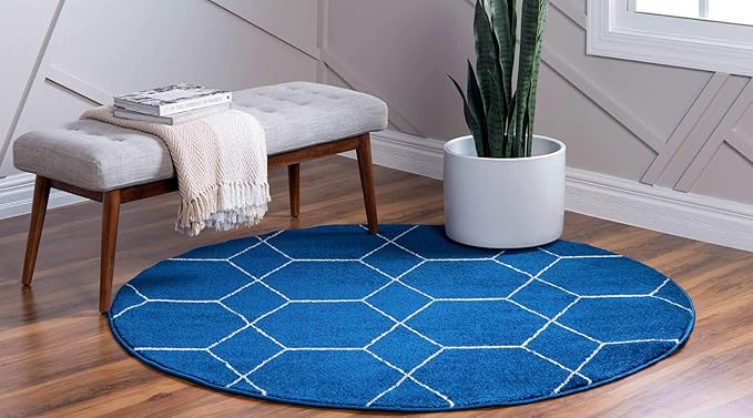 Unique Loom Trellis Frieze Collection Area Rug - Geometric (4' 1" Round, Navy Blue/ Ivory)