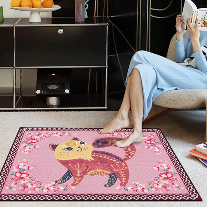 Cartoon Animal Pattern Area Rug Cute Cat Luxury Floral Decor for Carpet Farmhouse Bedroom Living Room Rugs Bathroom Kitchen Runner Mat Indoor Outdoor Non Slip Doormat 2' X 3'
