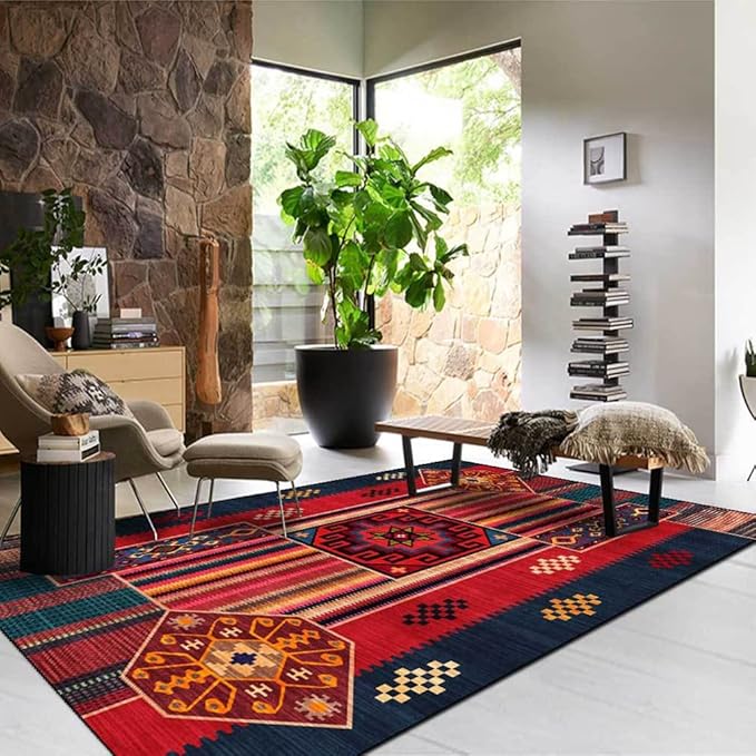 Vintage Boho Area Rugs Multicolor Ethnic Style Geometric Splicing Carpets Bedroom Living Room Kitchen Floor Mats Indoor Outdoor Non-Shedding Runner Rug Home Décor Carpet 3' X 5'
