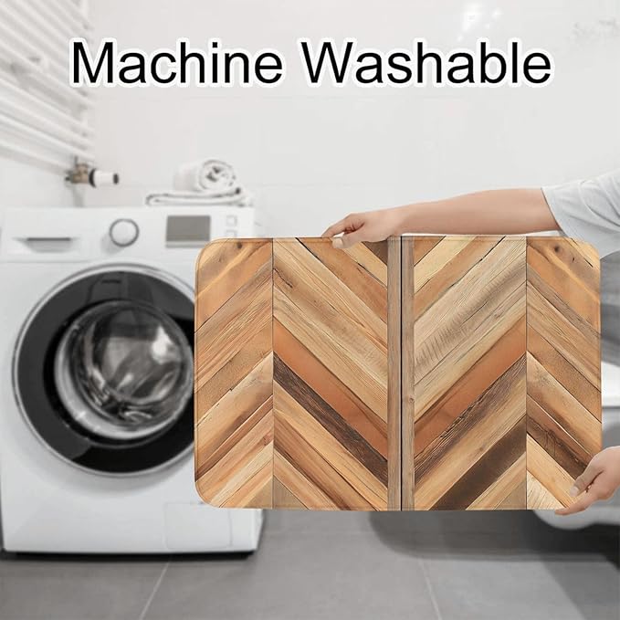 3 Piece Wooden Chevron Pattern Panel Bathroom Rugs Set, Non-Slip Absorbent Microfiber Bath Mat Set with U-Shaped Toilet Mat for Bathroom Tub Shower