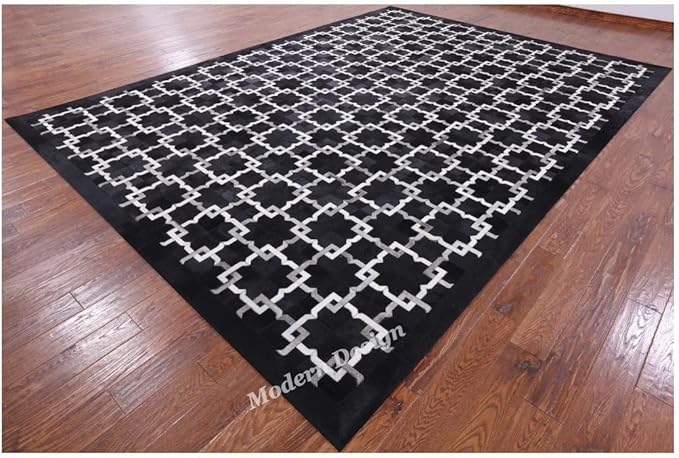 Modern Design Premium Cowhide Leather Carpet with Chevron Pattern, Area Rug (Black/Grey/White, 9'6"x14'0)