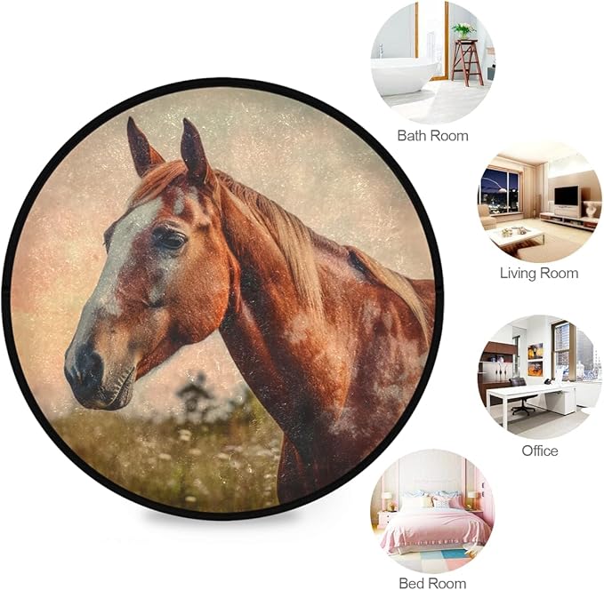 Soft Cozy Horse Print Non Slip Washable Round Rug for Indoors/Outdoors Perfect for Living Room, Bedroom, Entryway, Dorm Room, or Office Room Decor Rug 3ft