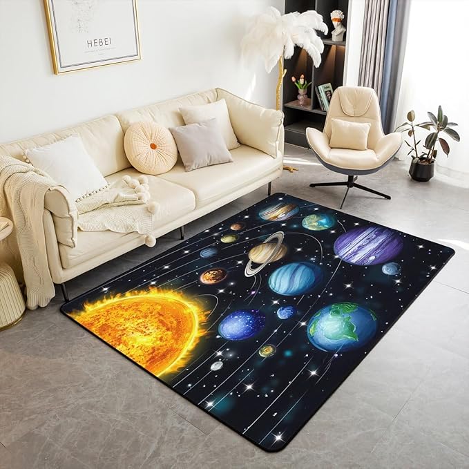 Planet Large Area Rug 5x7 Solar System Outer Space Living Room Rug | Universe Galaxy Rugs for Bedroom, Cosmic Earth Star Carpet Indoor Floor Mat