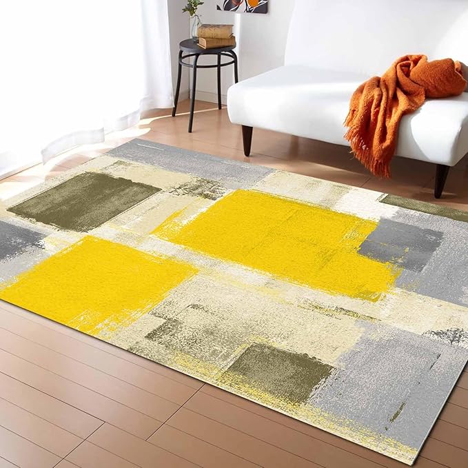 Yellow Rectangular Area Rugs for Living Room Bedroom 2.8 x 5 ft Abstract Paint Texture Modern Art Non-Shedding Soft Low Pile Rug Non Slip Washable Rug for Nursery Entryway Playroom
