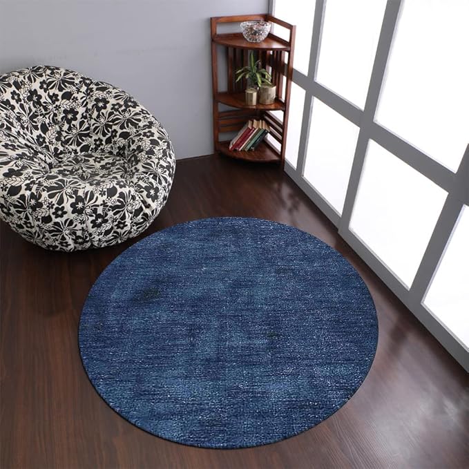 Hand Knotted Loom Wool ECO-Friendly Area Rugs - 8'x8', Round, Blue Color, Solid Plain Design, High Pile Thick Handmade Anti Skid Area Rugs for Living Room, Bed Room (L00111)