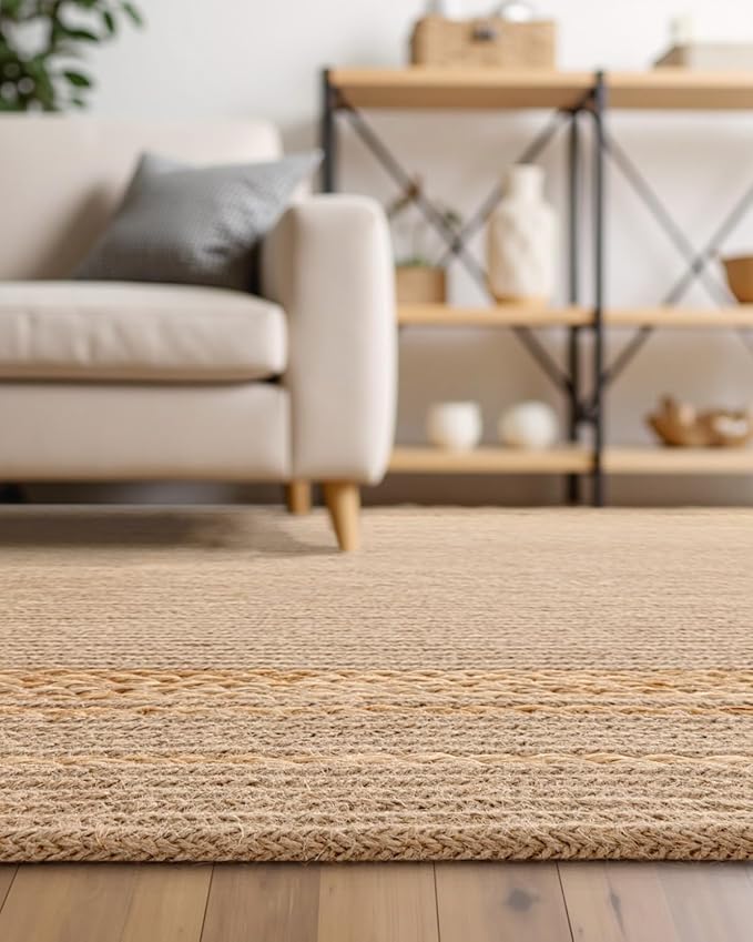 DEXI Jute Rug Natural Fiber 5x8, Braided Woven Area Rugs No Shed, Soft Neutral Rustic Carpet Mat for Indoor Entryway Outdoor Patio Dining Living Room Bedroom Farmhouse, Beige/Natural