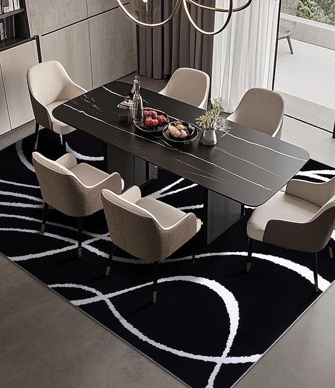 YIHOUSE Black Modern Area Rug 6x9,Abstract Rugs for Bedroom,Black and White Geometric Rug,Minimalist Striped Rug,Dark Washable Area Rugs 5x7 Non Slip Rugs for Living Room，Office