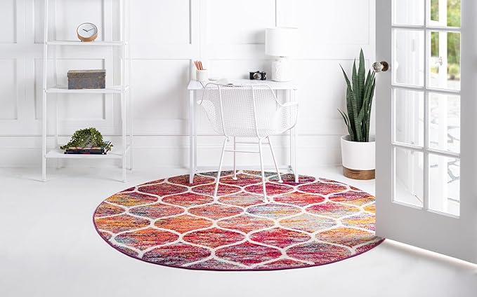 Rugs.com Lattice Frieze Collection Rug – 4' Round Multi Medium Rug Perfect for Kitchens, Dining Rooms