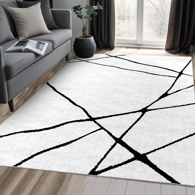 YIHOUSE Modern Washable 8'x10' Area Rug for Living Room Bedroom - Large Abstract Black and White Rug Non-Slip Ultra-Thin Home Decor,Geometric,8x10ft