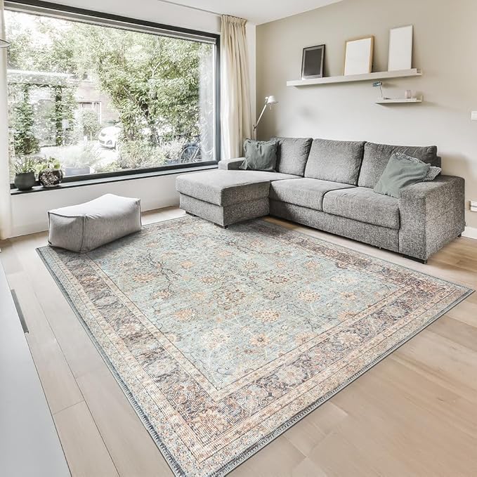 GLN Rugs Traditional Collection - Machine Washable Area Rug, Traditional Washable, Non Slip, Low Pile Chenille Rug, Living Room, Bedroom, Kitchen Rug (6' x 9' Light Blue)