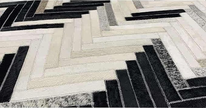 Round Cowhide Faux Leather Area Rug 3×3 ft – Black & White Modern Chevron Pattern Low Pile Carpet with Non-Slip Wool Backing, Soft Durable Living Room & Bedroom Accent Rug