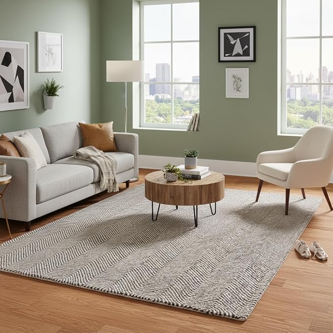 Modern Herringbone Chevron Collection Handcrafted Wool Area Rug - Durable, Zigzag Pattern, for High Traffic, Contemporary Design for Living Room, Bedroom, Dining Room Decor (Dark Olive, 4' x 6')