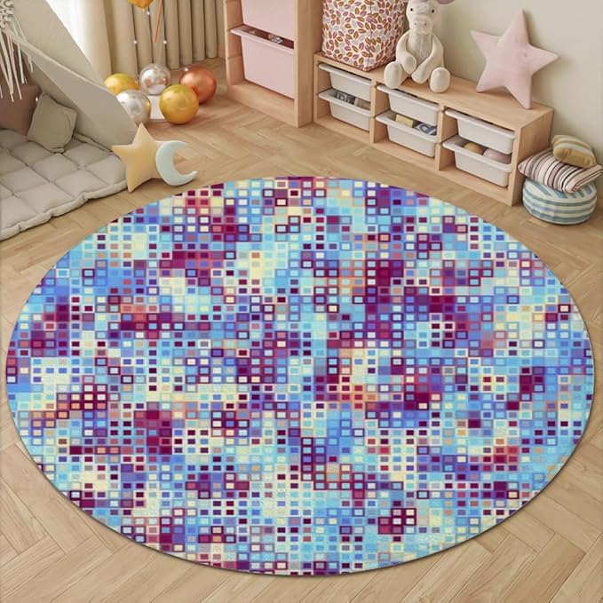 Abstract Pixel Geometry Round Rug Ombre Blue Purple Living Room Circle Area Rugs 3ft Washable Soft Non Slip Low Pile Indoor Floor Carpet for Bedroom Office Kitchen Coffee Table