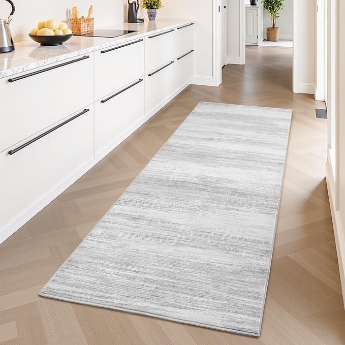 PADOOR Modern Abstract Runner Rug - 2.6x8 Washable Hallway Rugs, Ultra Soft Non-Slip Low Pile Floor Rugs for Hallway Entryway Kitchen Bedroom Bedside Laundry Room Grey