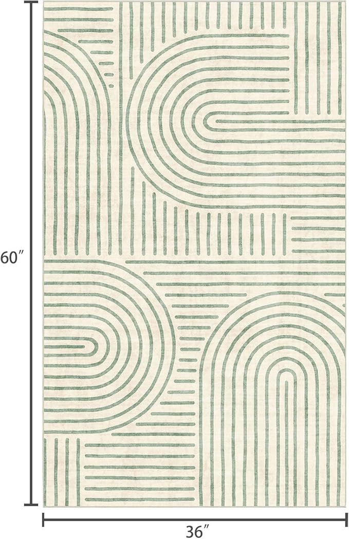 3x5 Washable Area Rug - Small Entryway Rug Non-Slip Sage Green Abstract Rainbow Kitchen Rugs Modern Boho Carpet Throw Rugs for Living Room Bedroom Bathroom Dorm Nursery Room Home Decor