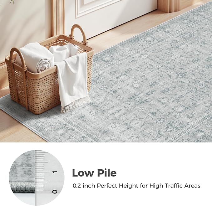 LIVEBOX Vintage Round Rug - Washable 5 Foot Large Oriental Circle Grey Rug for Living Room, Non-Slip Soft Carpet Low Pile Entryway Circular Rugs for Foyer Kitchen Kids Room
