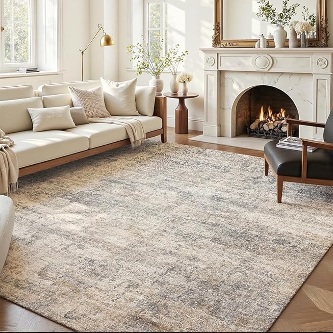 Area Rug 8x10 Washable Rug Grey and Beige for Living Room, Dining Room, Bedroom, Large Carpets, Non Slip & Non-Shedding Low Pile Vintage Print Rug for Home Office Decor