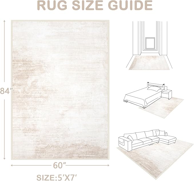 Area Rugs 5x7 Living Room: Washable Rug Modern Abstract Large Rug Soft Non Slip Neutral Rugs Stain Resistant Indoor Carpet for Bedroom Kitchen Dining Room Table Nursery Home Office Rugs(Beige,5'x7')