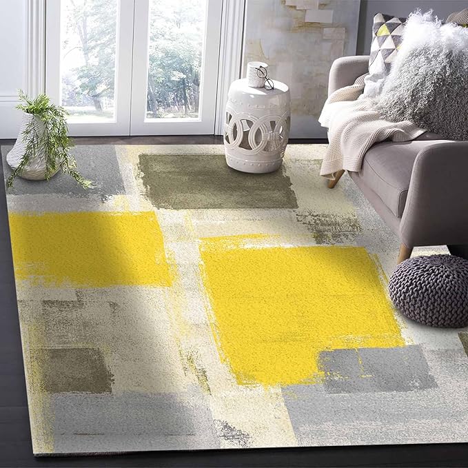 Yellow Rectangular Area Rugs for Living Room Bedroom 5 x 8 ft Abstract Paint Texture Modern Art Non-Shedding Soft Low Pile Rug Non Slip Washable Rug for Nursery Entryway Playroom