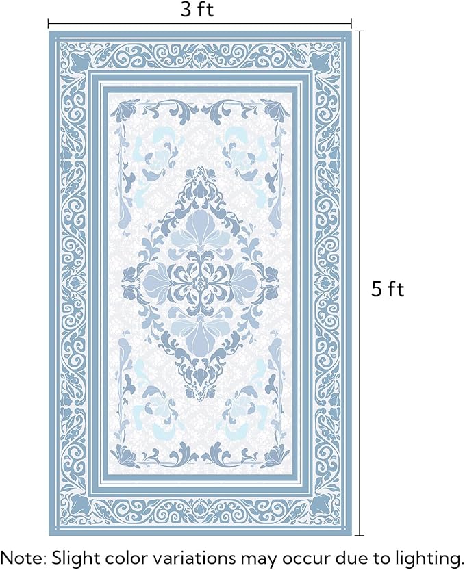 SOULFUL Medium Pile 3x5 Area Rug - Soft Foot Feel Small Entryway Rug - Mist Blue Boho Floral - Washable Non-Slip - Perfect for Living Room Bedroom Foot Kids Room Reading Nook