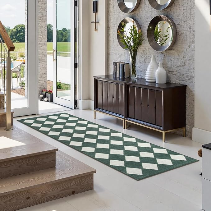 Lahome Checkered Washable 2x6 Green Runners for Hallways Non Slip, Ultra-Thin Kitchen Bathroom Runner Rugs, Moroccan Trellis Throw Carpet Runner for Bedroom Entryway Decor (2'x6',Dark Green)