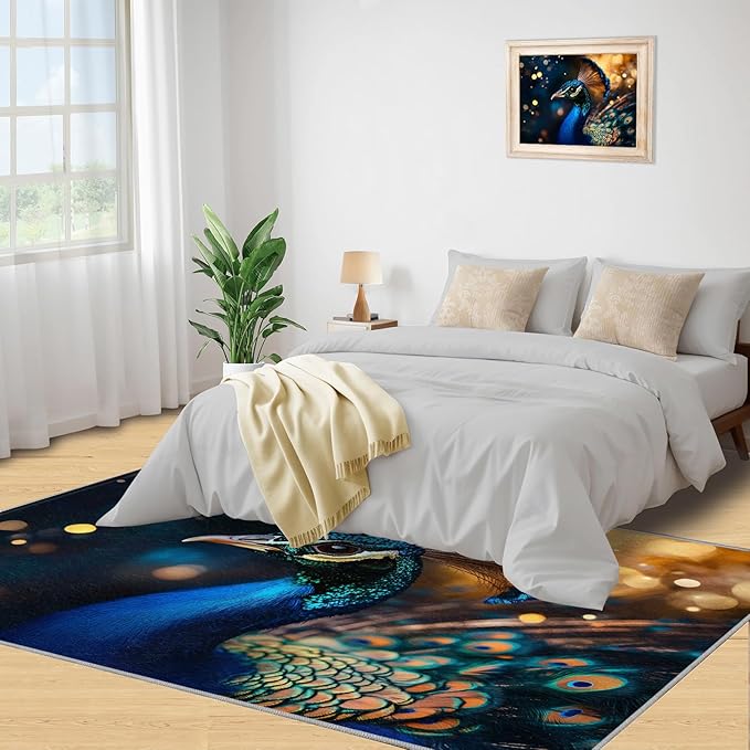 Peacock Area Rug 5x7-5x7 Rug, Wonderful Peacock Rugs for Living Room, Teal Turquoise Carpet, Peafowl Feather Washable Area Rugs for Bedroom, Aesthetics Carpet - Peafowl Home Decor & Gifts