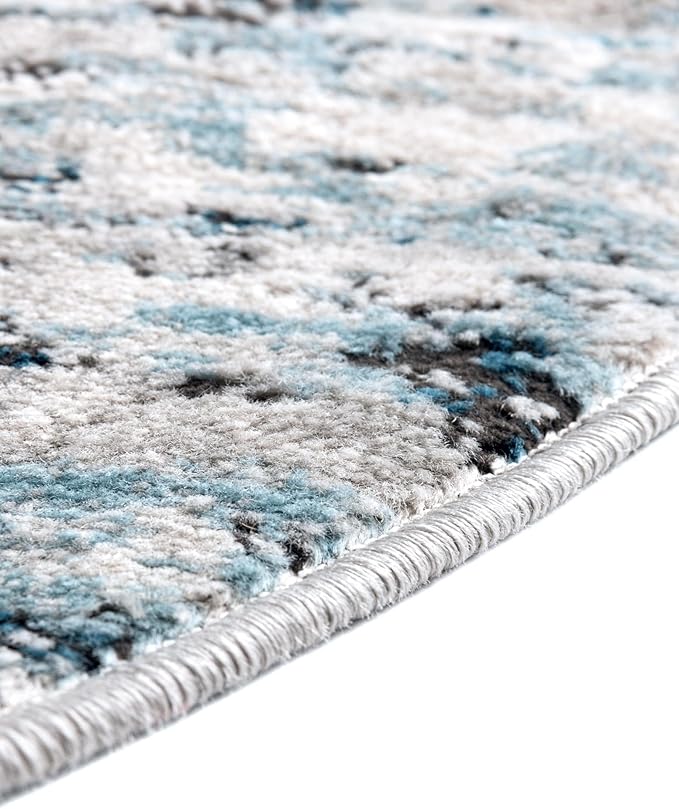 Rugs.com Leipzig Collection Rug – 4 Ft Round Blue Low-Pile Rug Perfect for Kitchens, Dining Rooms